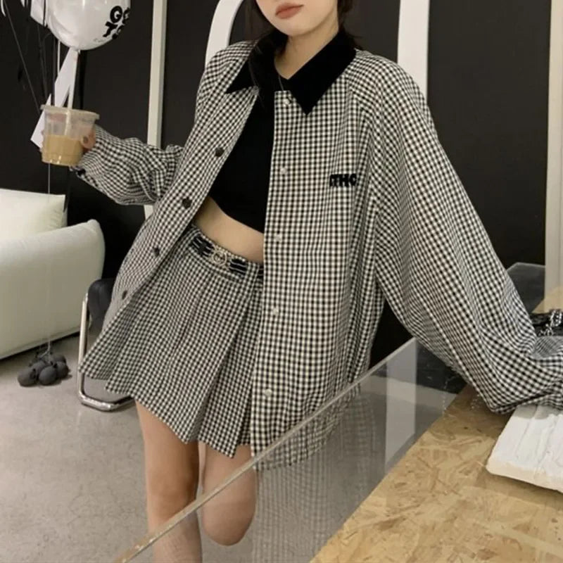 Elegant Trendy Plaid Color Blocking Jacket And A- Line Skirt 2-Piece Set