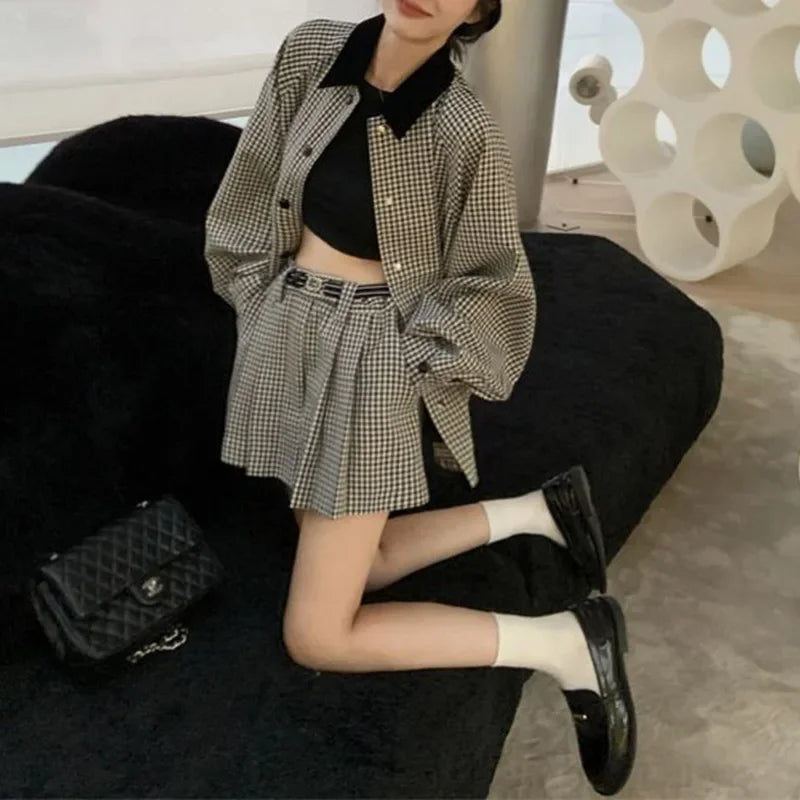 Elegant Trendy Plaid Color Blocking Jacket And A- Line Skirt 2-Piece Set