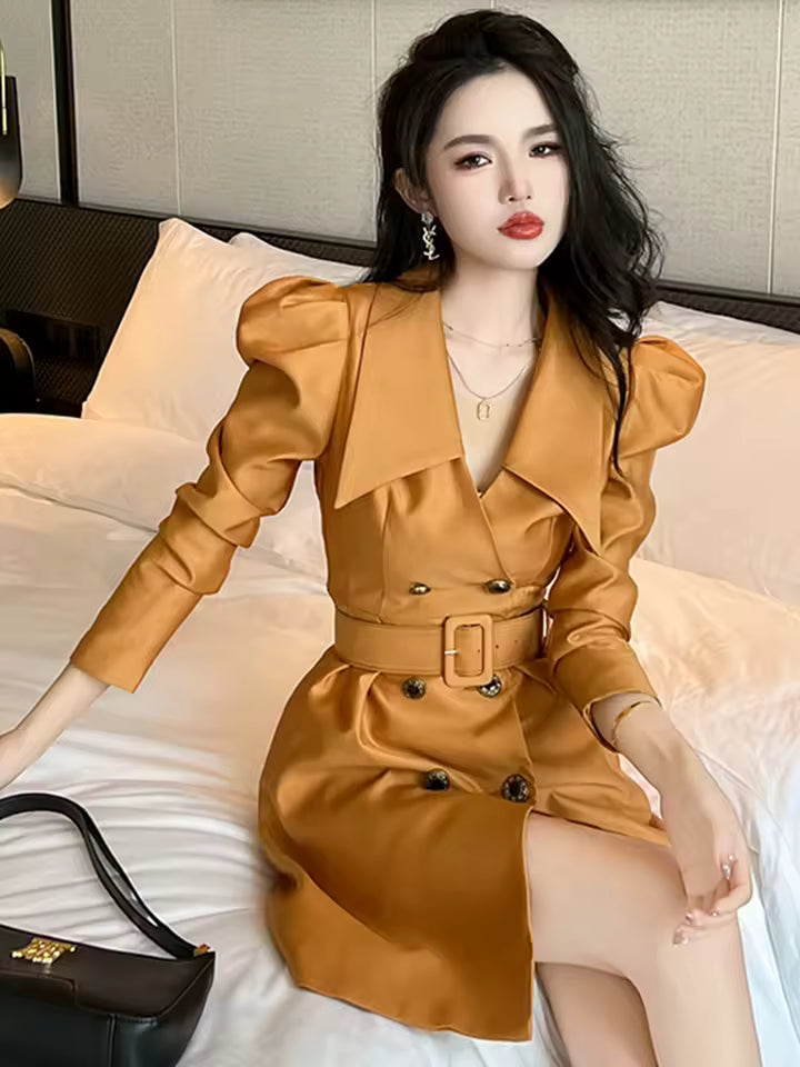 Elegant Turn-Down Collar Double Breasted Slim Belt Blazer Dress
