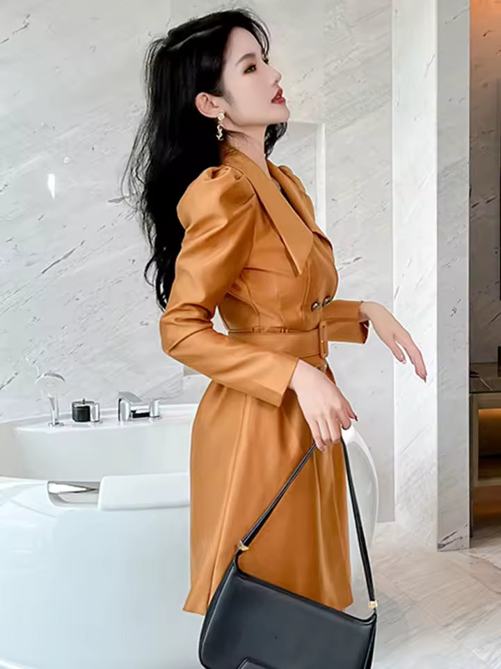 Elegant Turn-Down Collar Double Breasted Slim Belt Blazer Dress
