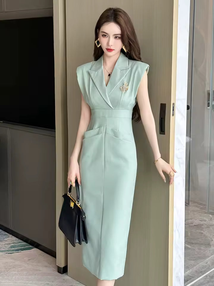 Elegant Turn-Down Collar Office Solid Notched Neck Pencil Midi Dress