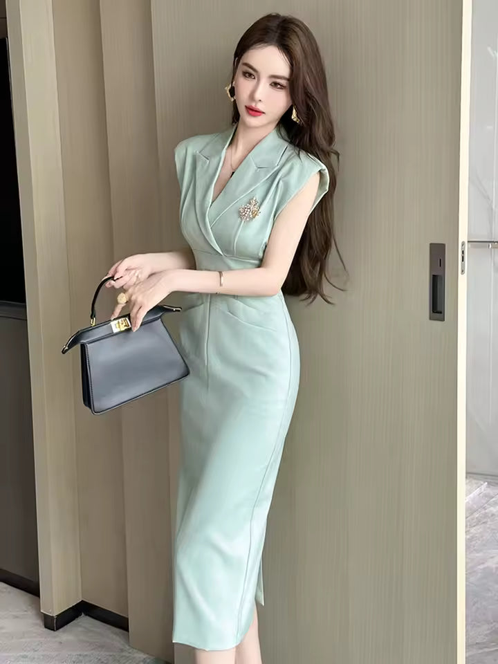 Elegant Turn-Down Collar Office Solid Notched Neck Pencil Midi Dress
