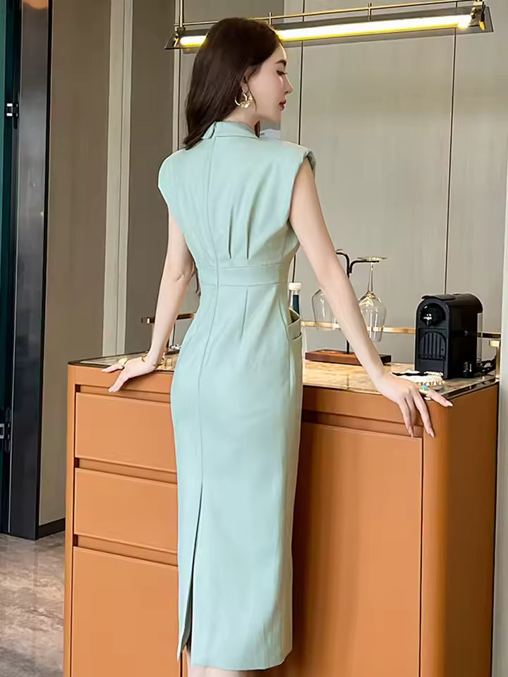 Elegant Turn-Down Collar Office Solid Notched Neck Pencil Midi Dress