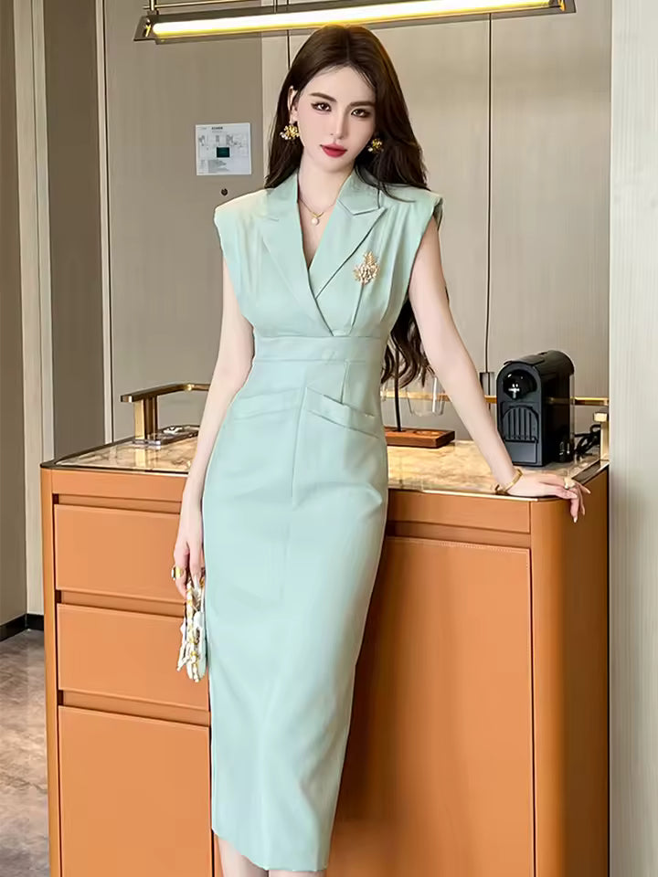 Elegant Turn-Down Collar Office Solid Notched Neck Pencil Midi Dress