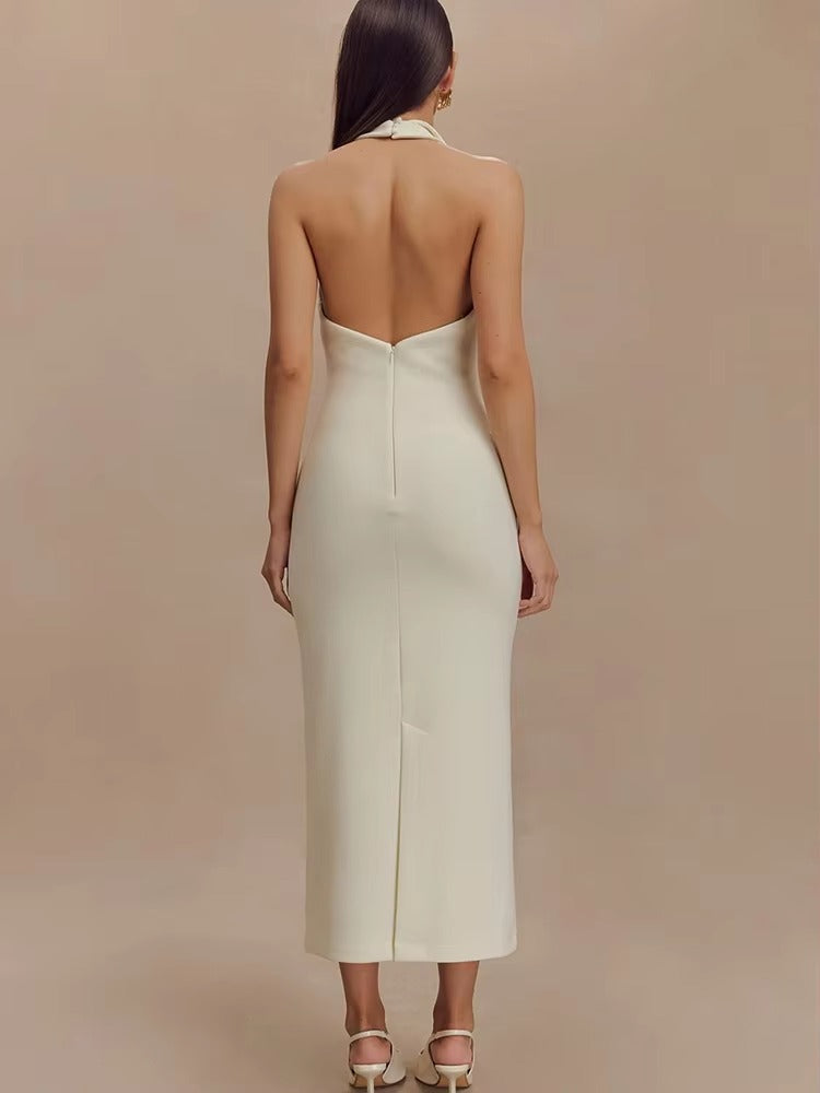 Elegant Turn-down Collar Halter Medium Stretch Midi Dress