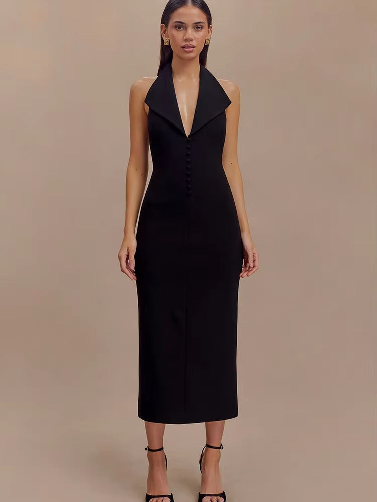 Elegant Turn-down Collar Halter Medium Stretch Midi Dress