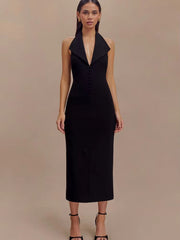 Elegant Turn-down Collar Halter Medium Stretch Midi Dress