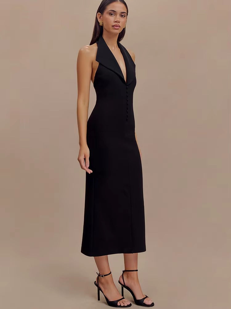 Elegant Turn-down Collar Halter Medium Stretch Midi Dress