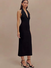 Elegant Turn-down Collar Halter Medium Stretch Midi Dress