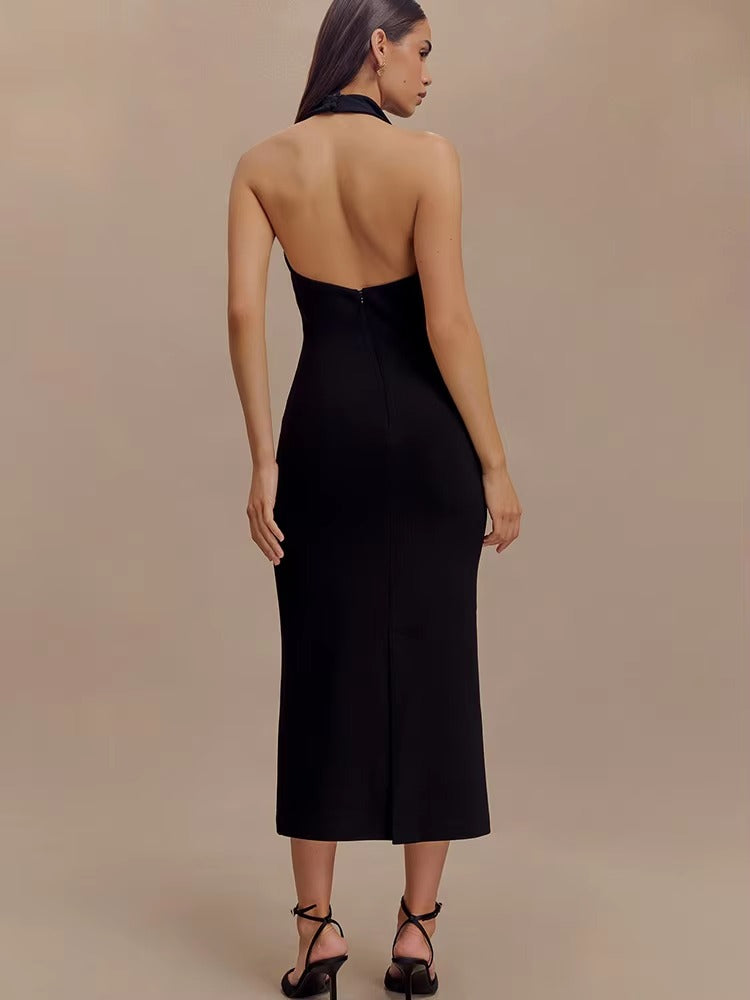 Elegant Turn-down Collar Halter Medium Stretch Midi Dress