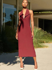 Elegant Turn-down Collar Halter Medium Stretch Midi Dress