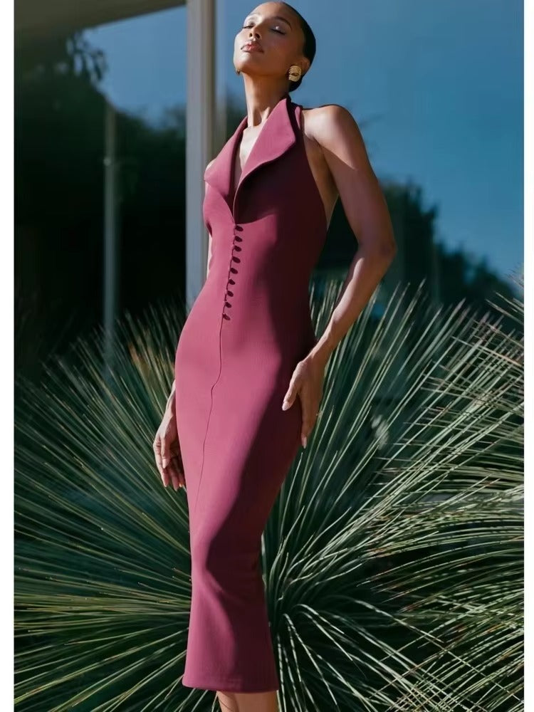 Elegant Turn-down Collar Halter Medium Stretch Midi Dress
