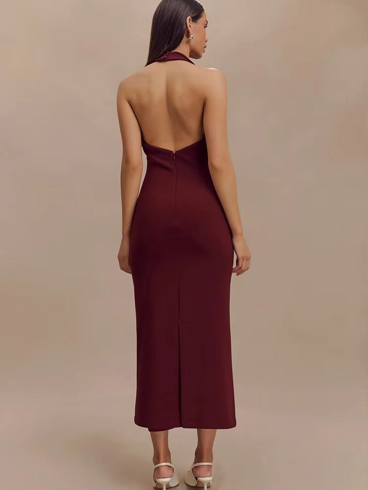 Elegant Turn-down Collar Halter Medium Stretch Midi Dress