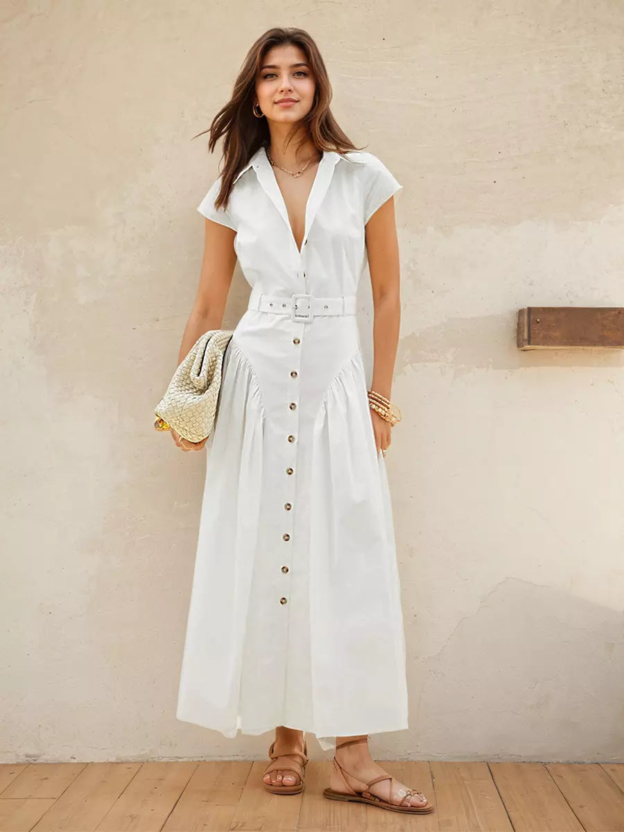 Elegant Turndown Collar Versatile Occasions Shirt Maxi Dress With Belted