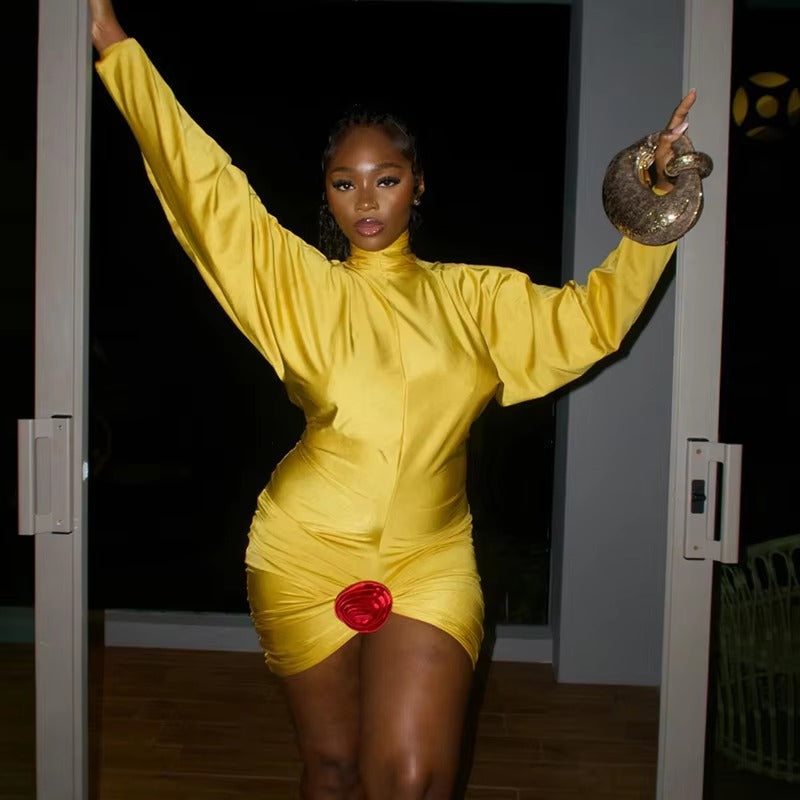 Elegant Turtleneck Backless Lantern Long Sleeve Bodycon Mini Dress