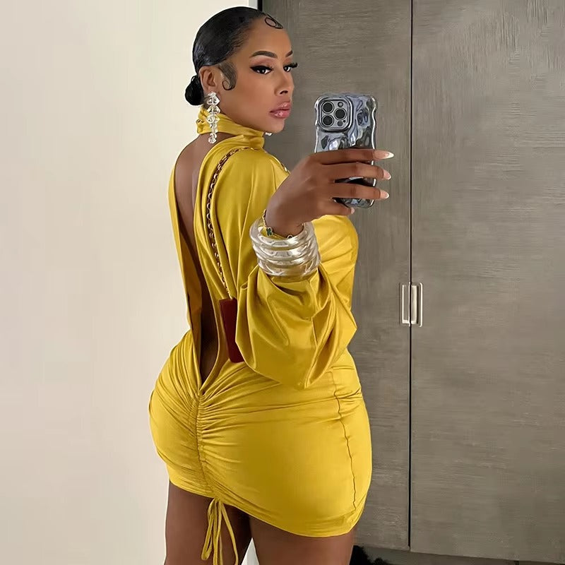Elegant Turtleneck Backless Lantern Long Sleeve Bodycon Mini Dress