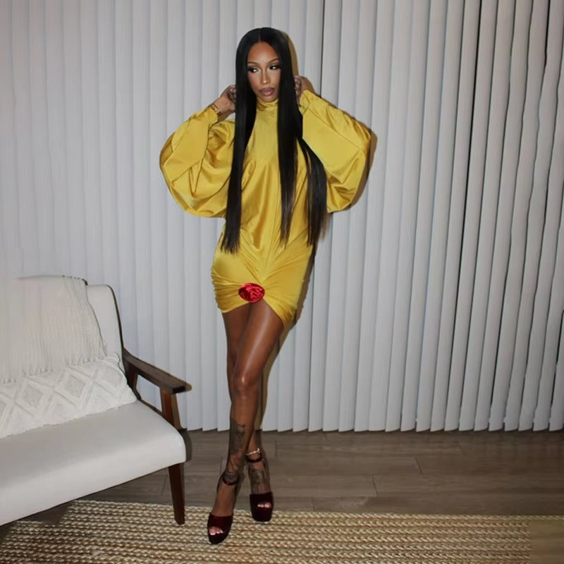 Elegant Turtleneck Backless Lantern Long Sleeve Bodycon Mini Dress