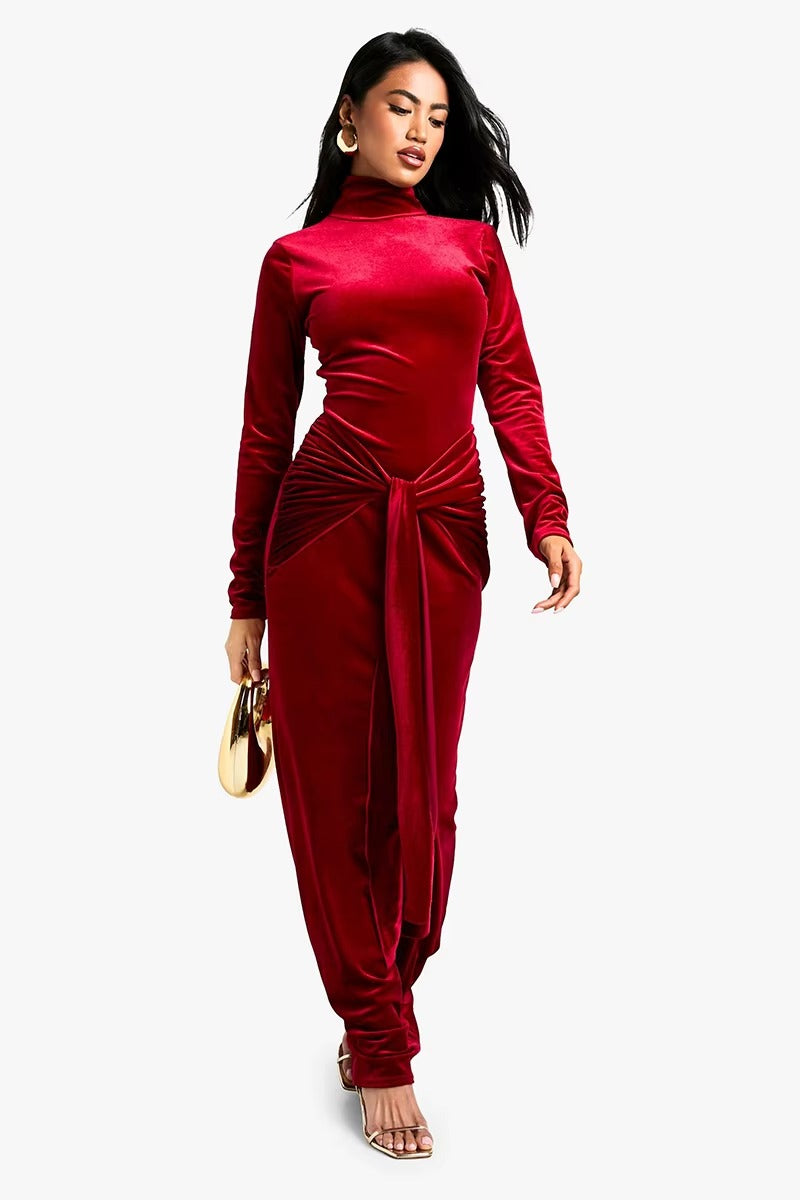 Elegant Turtleneck Draped Velvet Long Sleeve Bodycon Maxi Dress