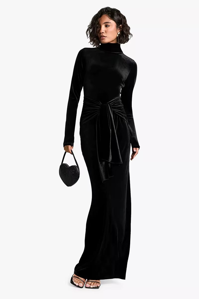 Elegant Turtleneck Draped Velvet Long Sleeve Bodycon Maxi Dress