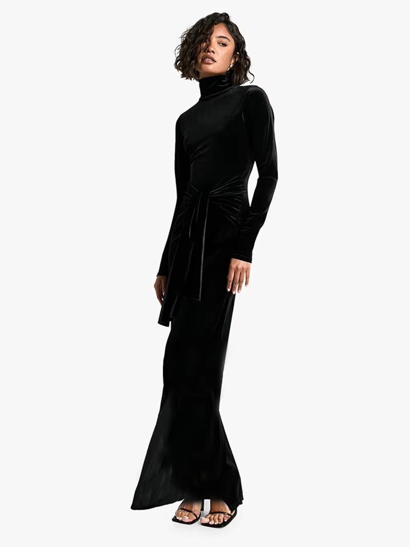 Elegant Turtleneck Draped Velvet Long Sleeve Bodycon Maxi Dress