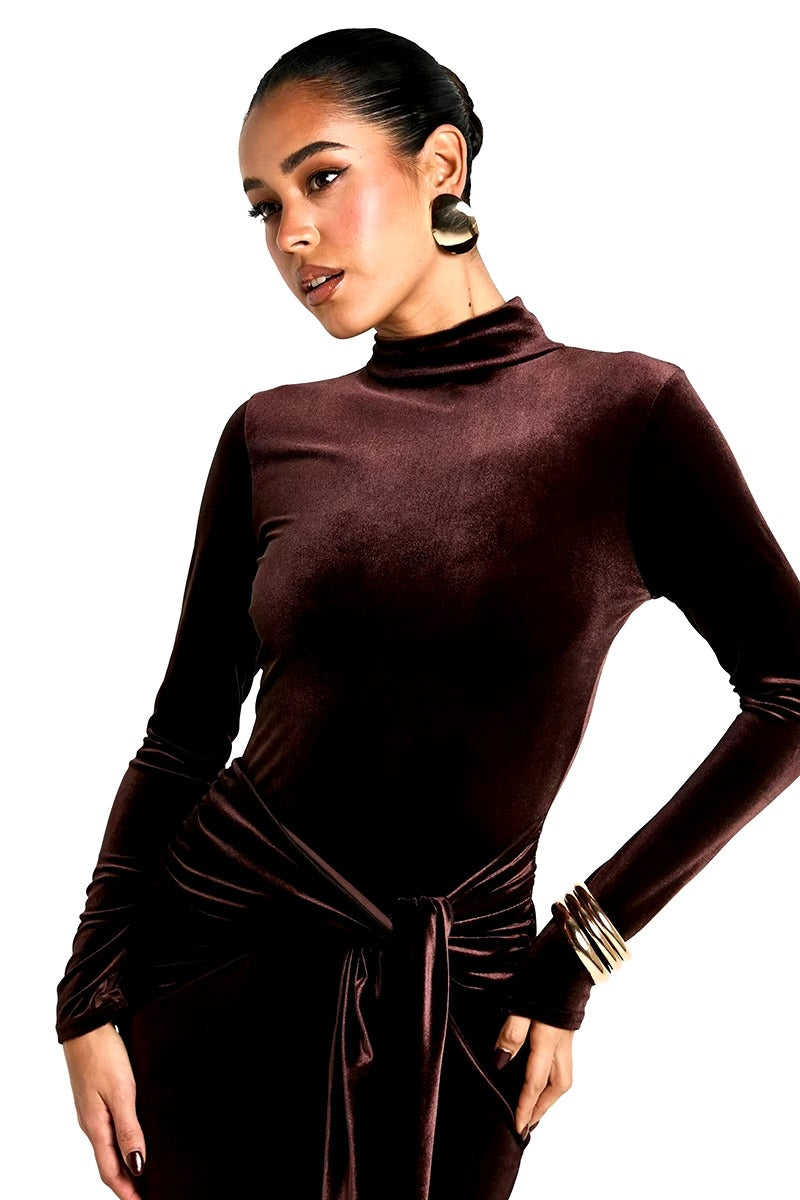 Elegant Turtleneck Draped Velvet Long Sleeve Bodycon Maxi Dress