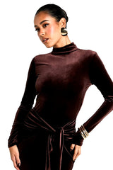 Elegant Turtleneck Draped Velvet Long Sleeve Bodycon Maxi Dress
