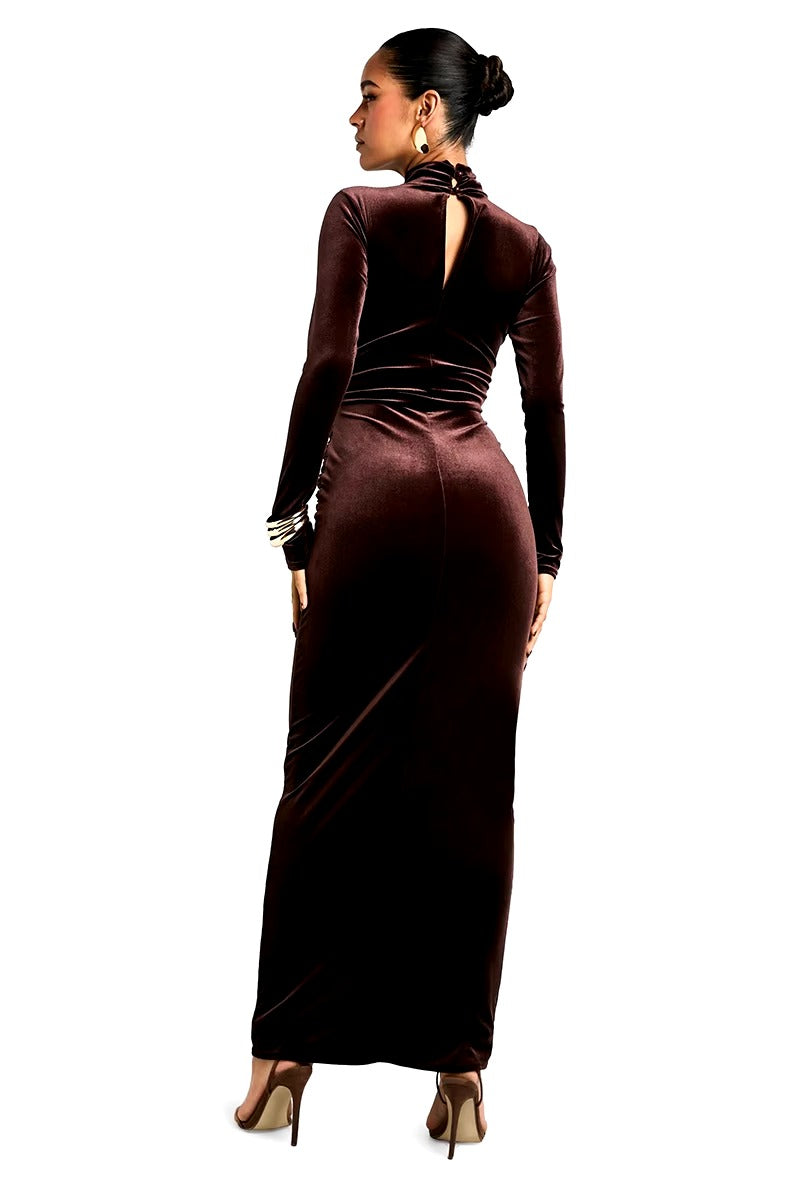 Elegant Turtleneck Draped Velvet Long Sleeve Bodycon Maxi Dress