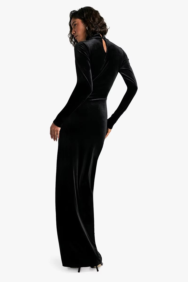 Elegant Turtleneck Draped Velvet Long Sleeve Bodycon Maxi Dress