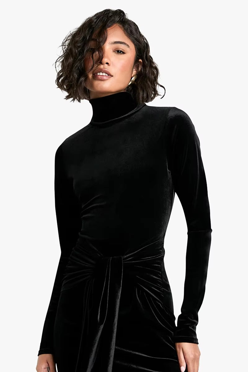 Elegant Turtleneck Draped Velvet Long Sleeve Bodycon Maxi Dress