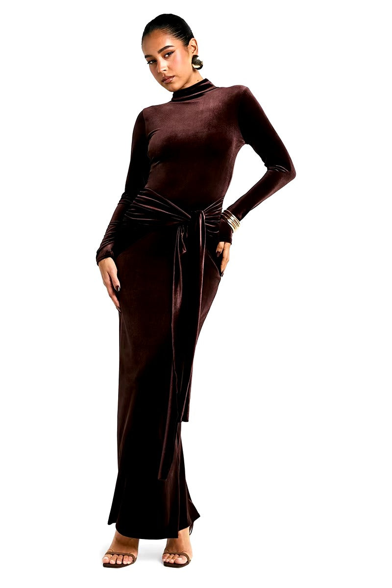 Elegant Turtleneck Draped Velvet Long Sleeve Bodycon Maxi Dress