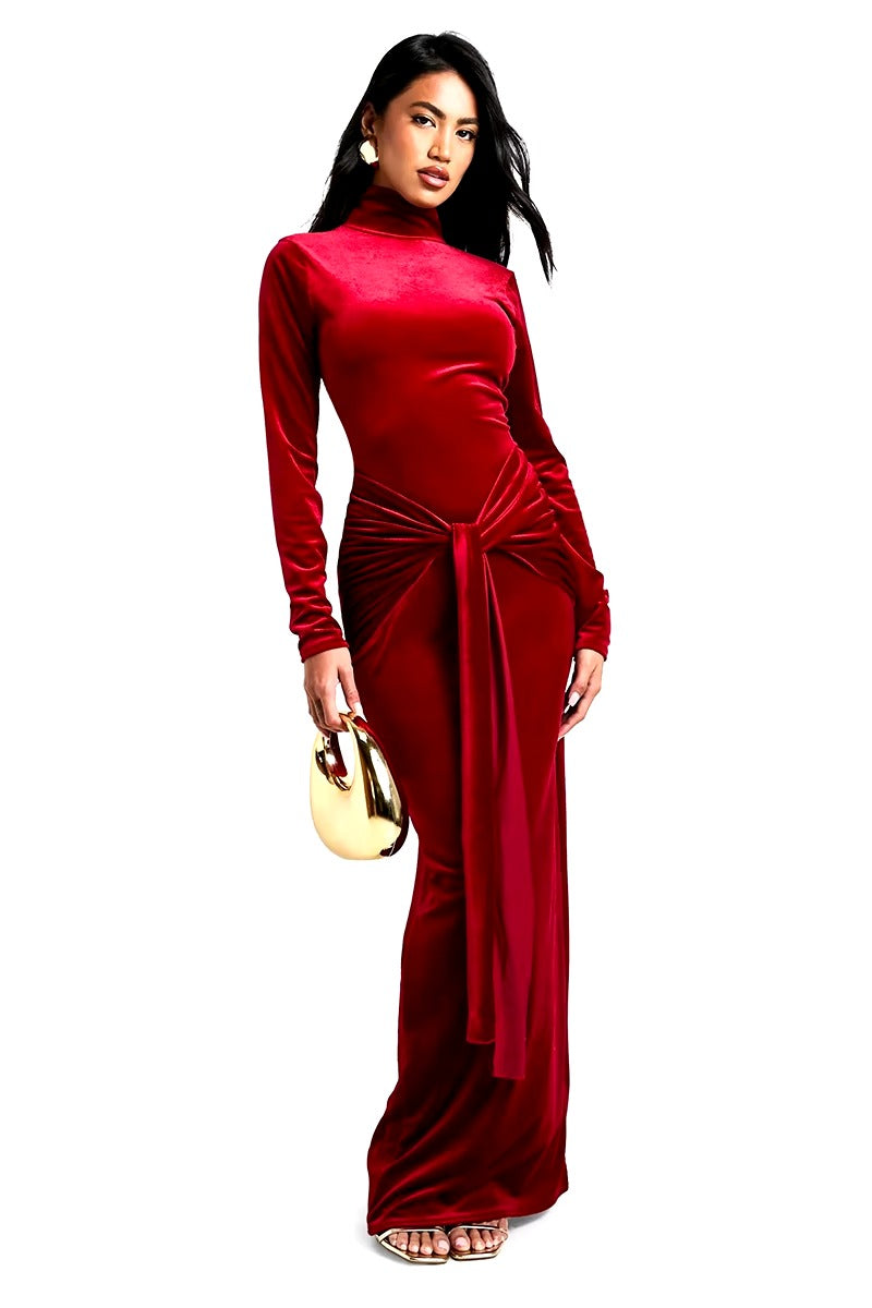 Elegant Turtleneck Draped Velvet Long Sleeve Bodycon Maxi Dress