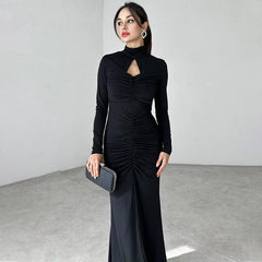 Elegant Turtleneck Hollow Out Long Sleeve Bodycon Maxi Dress
