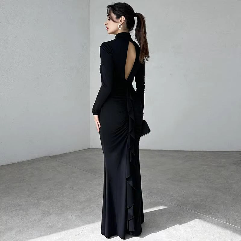 Elegant Turtleneck Hollow Out Long Sleeve Bodycon Maxi Dress