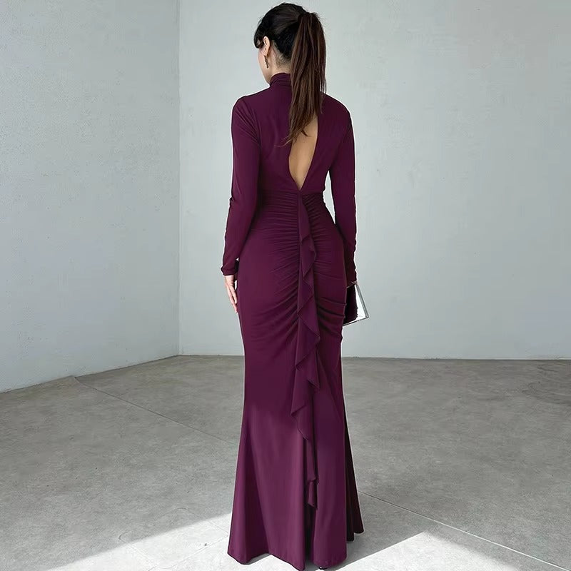 Elegant Turtleneck Hollow Out Long Sleeve Bodycon Maxi Dress