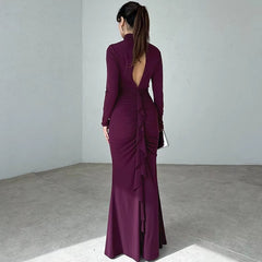Elegant Turtleneck Hollow Out Long Sleeve Bodycon Maxi Dress