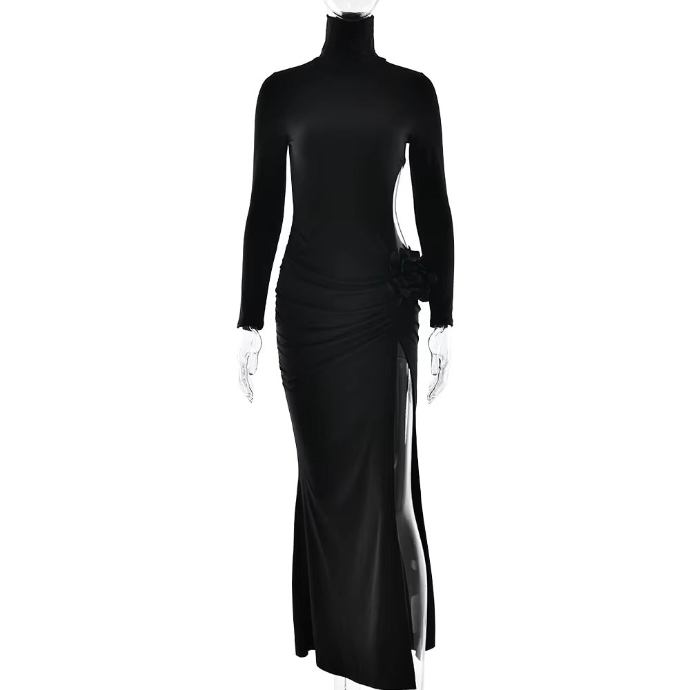 Elegant Turtleneck Hollow Out Side Slit Flower Maxi Dress