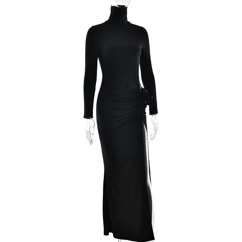 Elegant Turtleneck Hollow Out Side Slit Flower Maxi Dress
