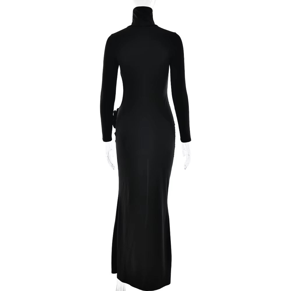 Elegant Turtleneck Hollow Out Side Slit Flower Maxi Dress