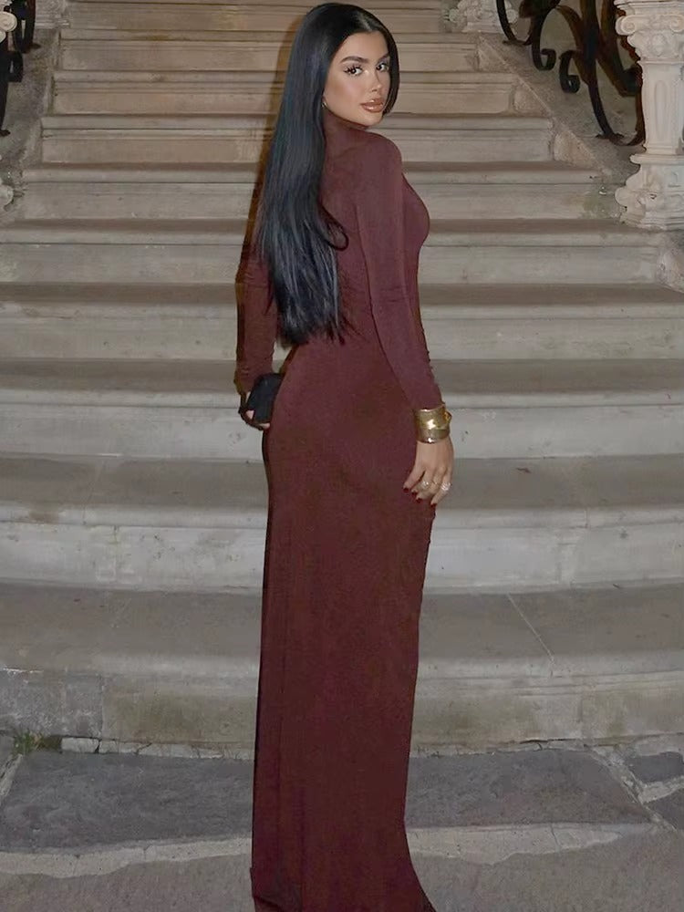 Elegant Turtleneck Hollow Out Side Slit Flower Maxi Dress