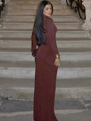 Elegant Turtleneck Hollow Out Side Slit Flower Maxi Dress