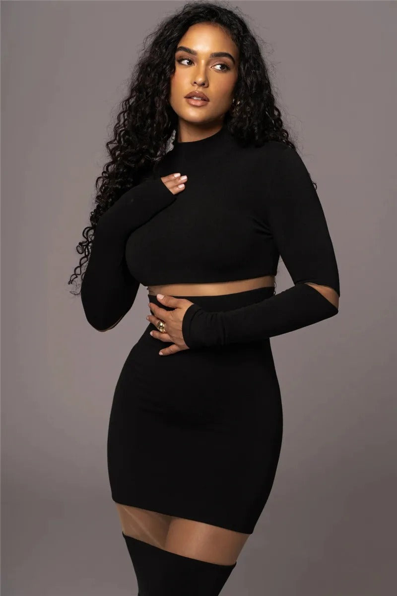 Elegant Turtleneck Long Sleeve Patchwork Club Party Bodycon Midi Dress
