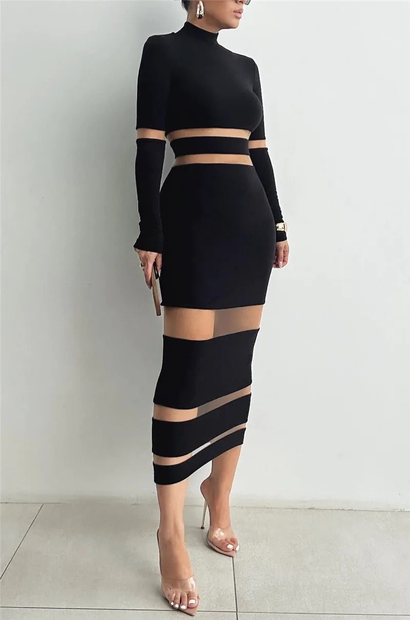 Elegant Turtleneck Long Sleeve Patchwork Club Party Bodycon Midi Dress