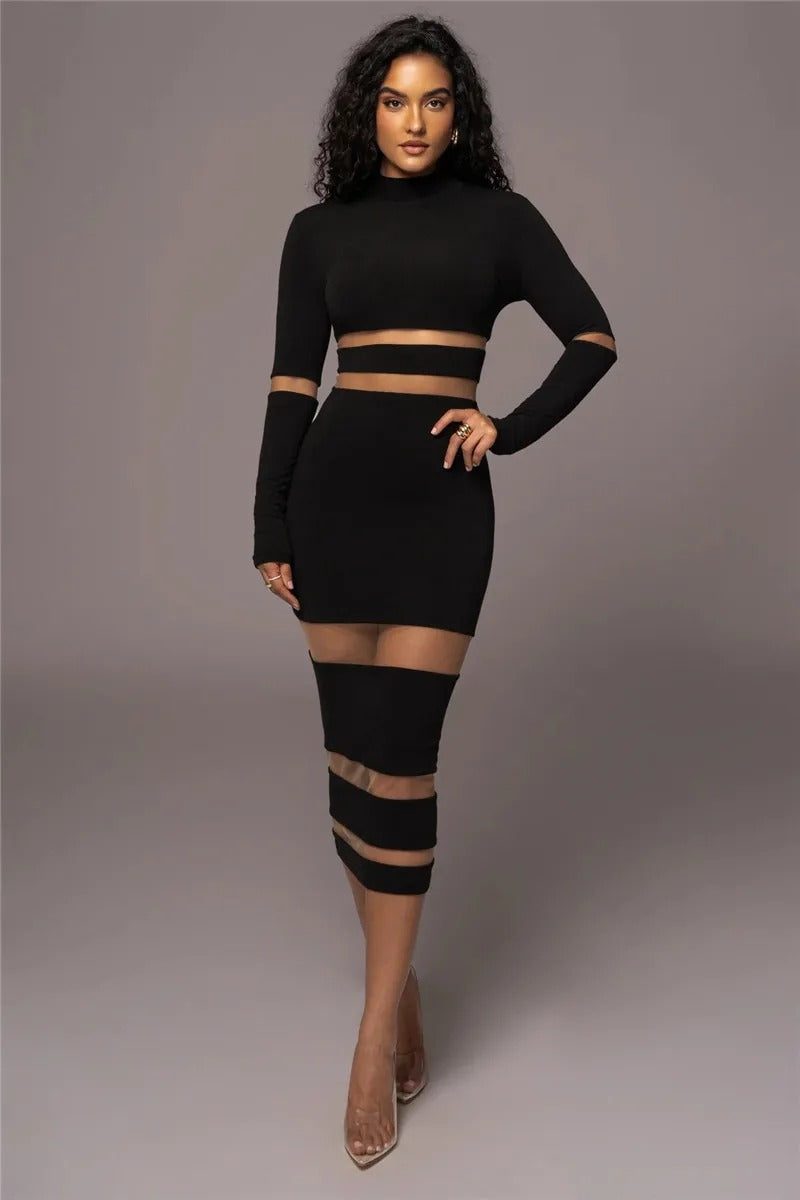 Elegant Turtleneck Long Sleeve Patchwork Club Party Bodycon Midi Dress