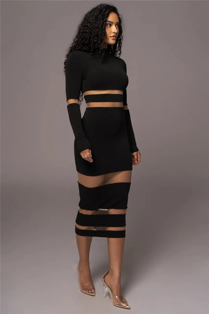 Elegant Turtleneck Long Sleeve Patchwork Club Party Bodycon Midi Dress
