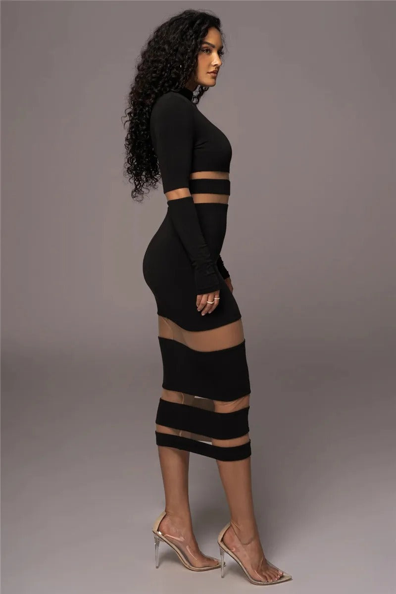 Elegant Turtleneck Long Sleeve Patchwork Club Party Bodycon Midi Dress