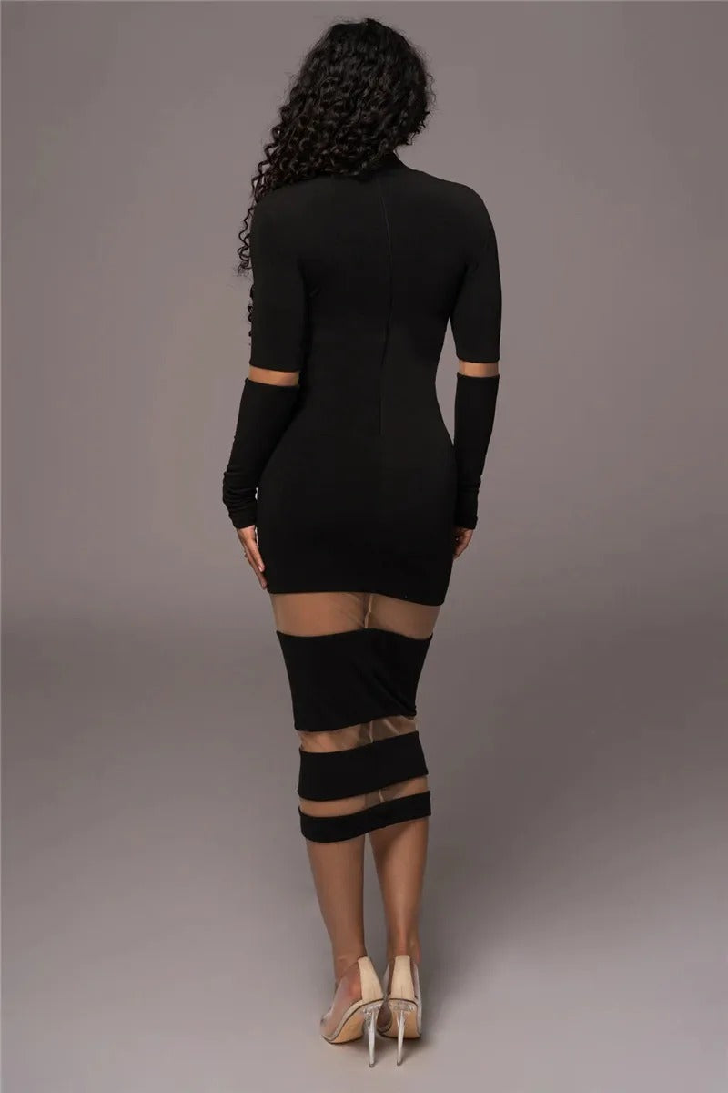 Elegant Turtleneck Long Sleeve Patchwork Club Party Bodycon Midi Dress