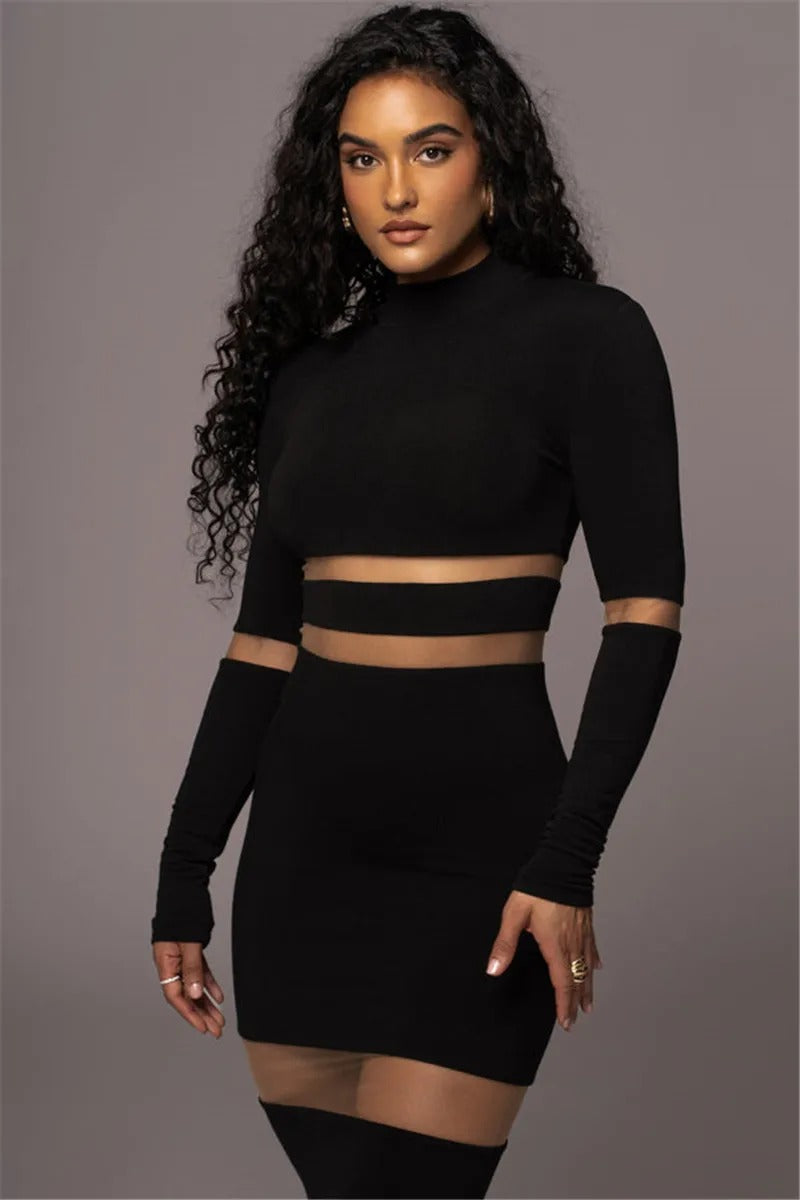 Elegant Turtleneck Long Sleeve Patchwork Club Party Bodycon Midi Dress