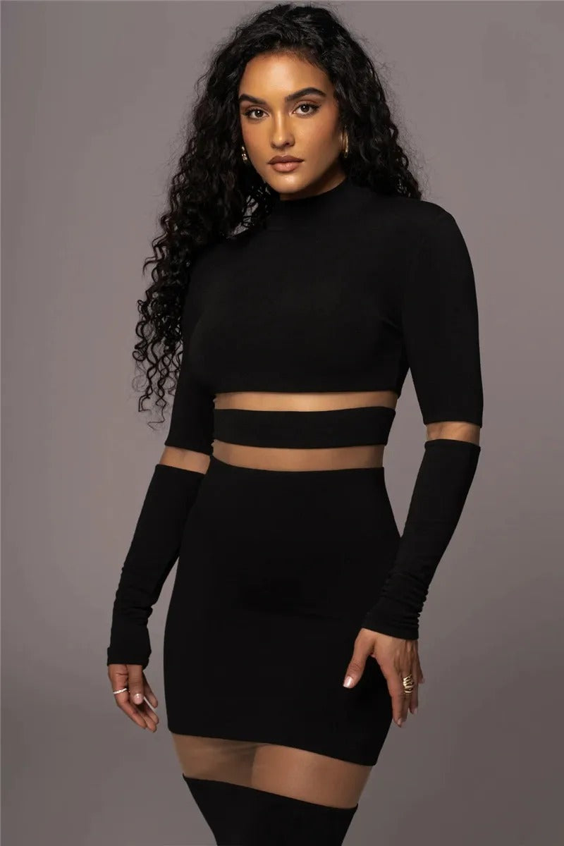 Elegant Turtleneck Long Sleeve Patchwork Club Party Bodycon Midi Dress