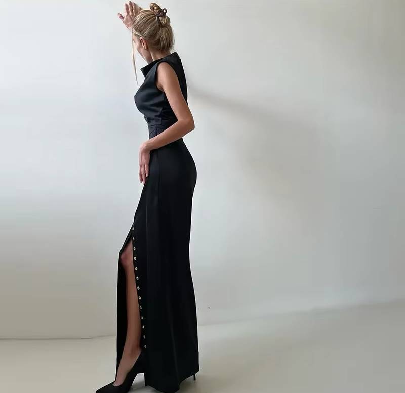 Elegant Turtleneck Sleeveless Crop Top Vest High Waist Button Long Skirt 2 Piece Set