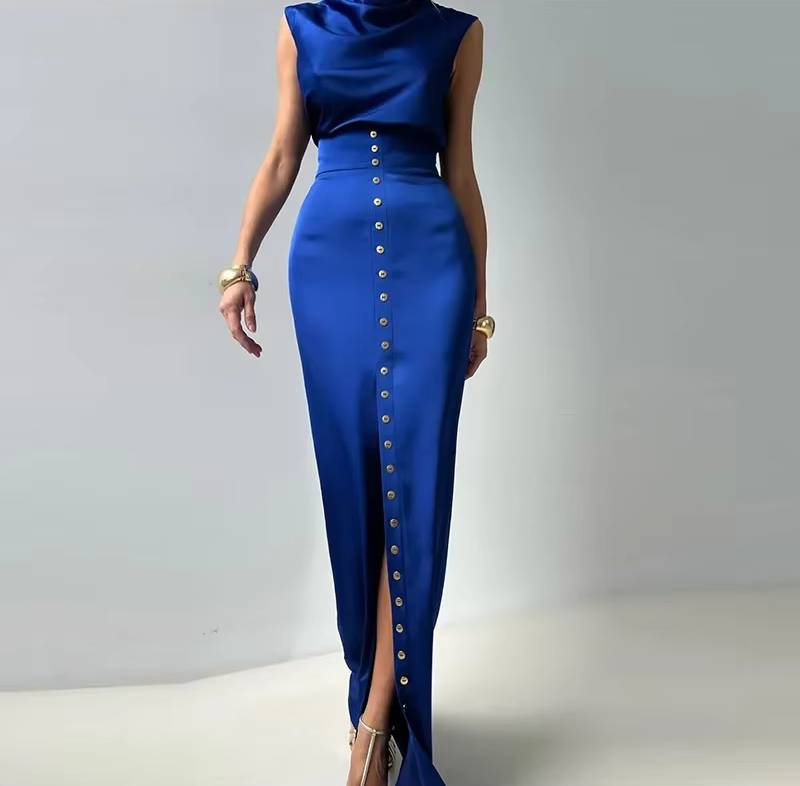 Elegant Turtleneck Sleeveless Crop Top Vest High Waist Button Long Skirt 2 Piece Set